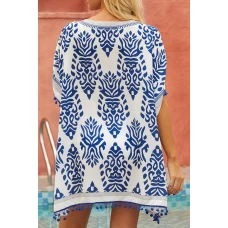 Ocean Blue Bohemian Vibe Printed Tassel Hem Cover Up Dress 